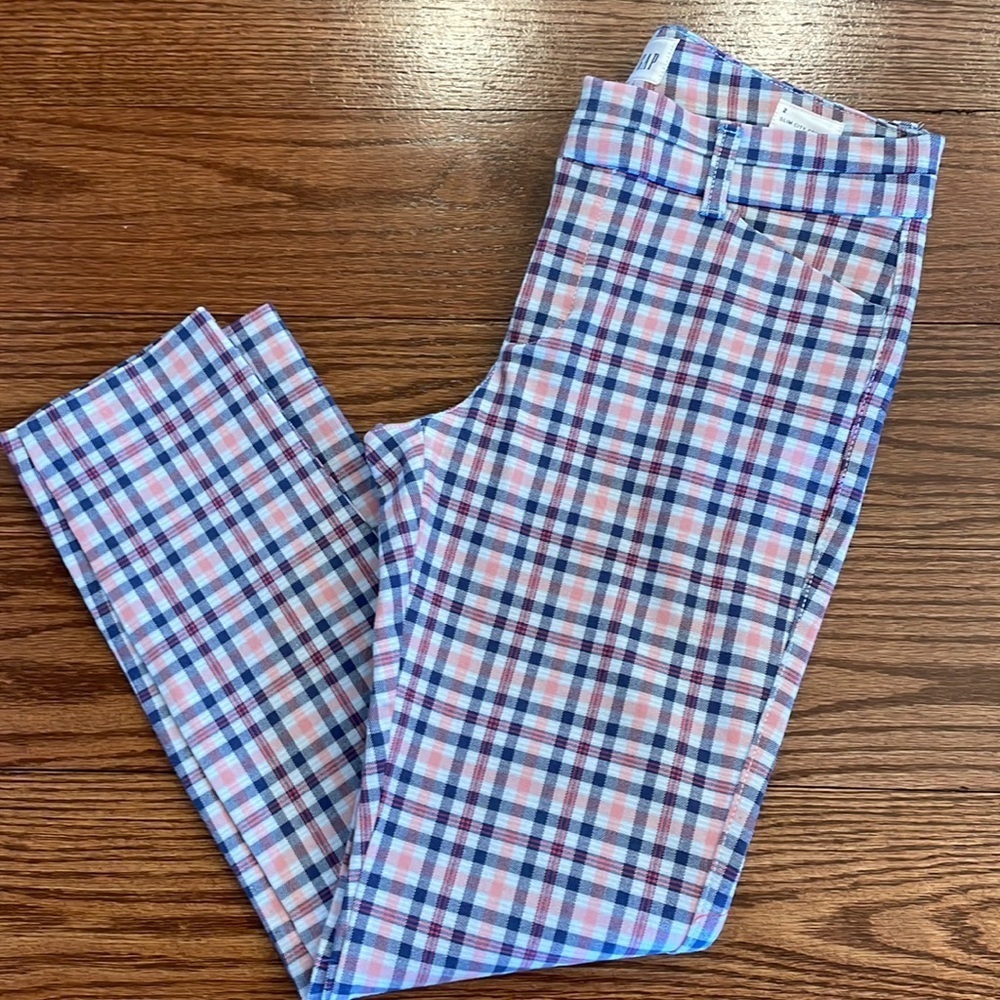 GAP women’s Gingham slim city crop ankle crop pants pink blue pockets size 2